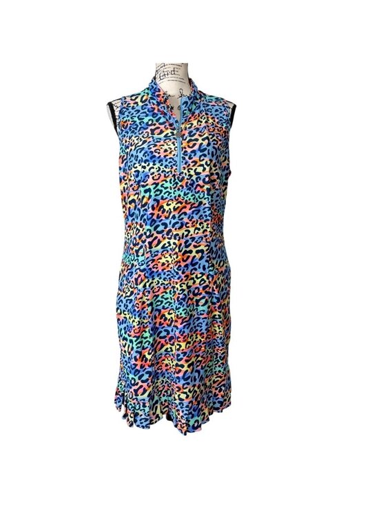 Tzu Tzu Dresses & Skirts - Tzu Tzu Womens Size XL Dress Sleeveless Zip Mock-Neck Rainbow Leopard Pockets